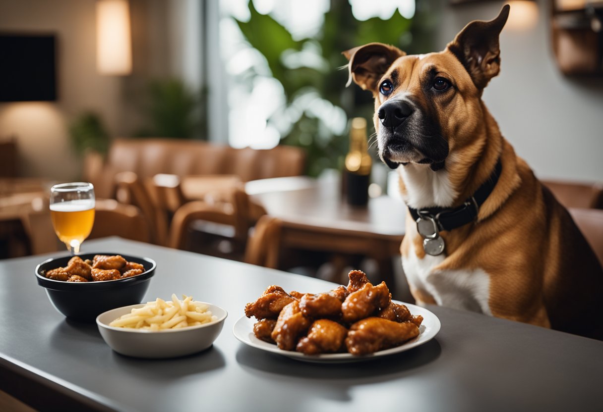 A dog sitting in front of a table with a bowl of properly portioned Wingstop chicken wings, while its owner watches attentively.