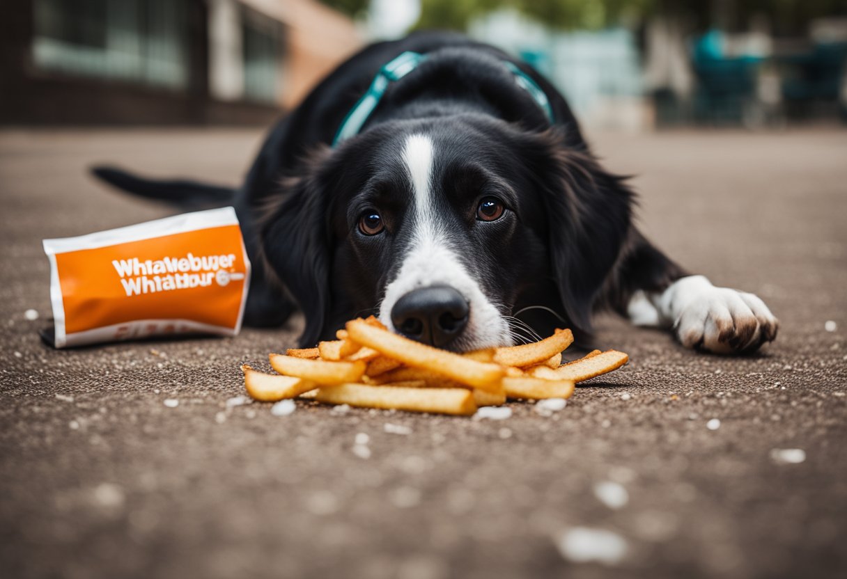 A dog eagerly sniffs a Whataburger wrapper on the ground, with a tantalizing burger and fries spilling out.