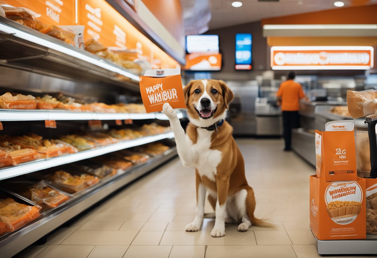 A happy dog sits in front of a Whataburger bag, sniffing the air with curiosity. A concerned owner looks on, holding a pamphlet about canine nutrition.