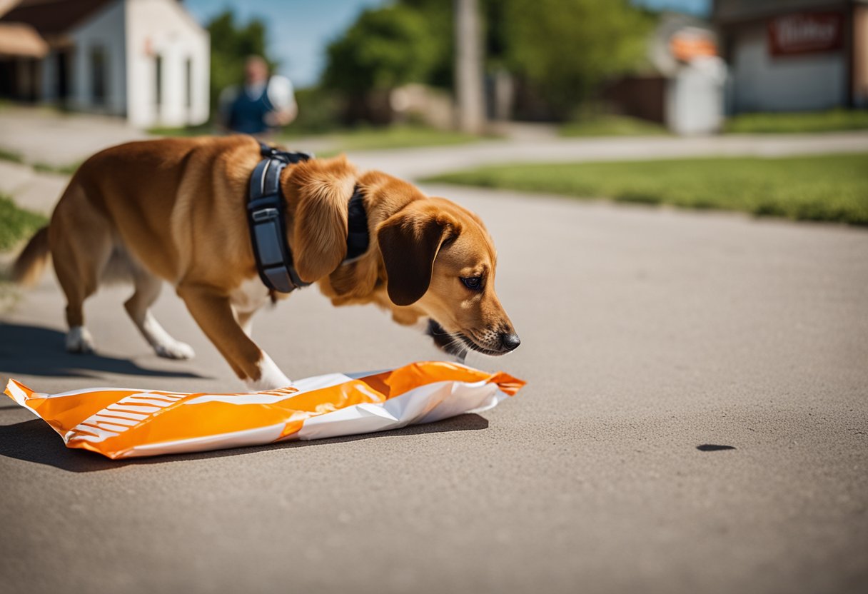 A dog eagerly approaches a discarded Whataburger wrapper, while a concerned owner looks on. The dog's tail wags as it sniffs the wrapper, unaware of the potential hazards of fast food for dogs.