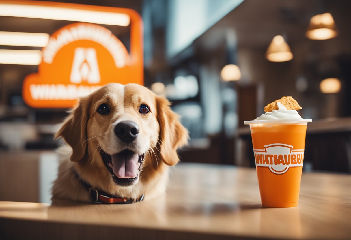 A happy dog eagerly eats a Whataburger, tail wagging, with a Whataburger logo in the background.