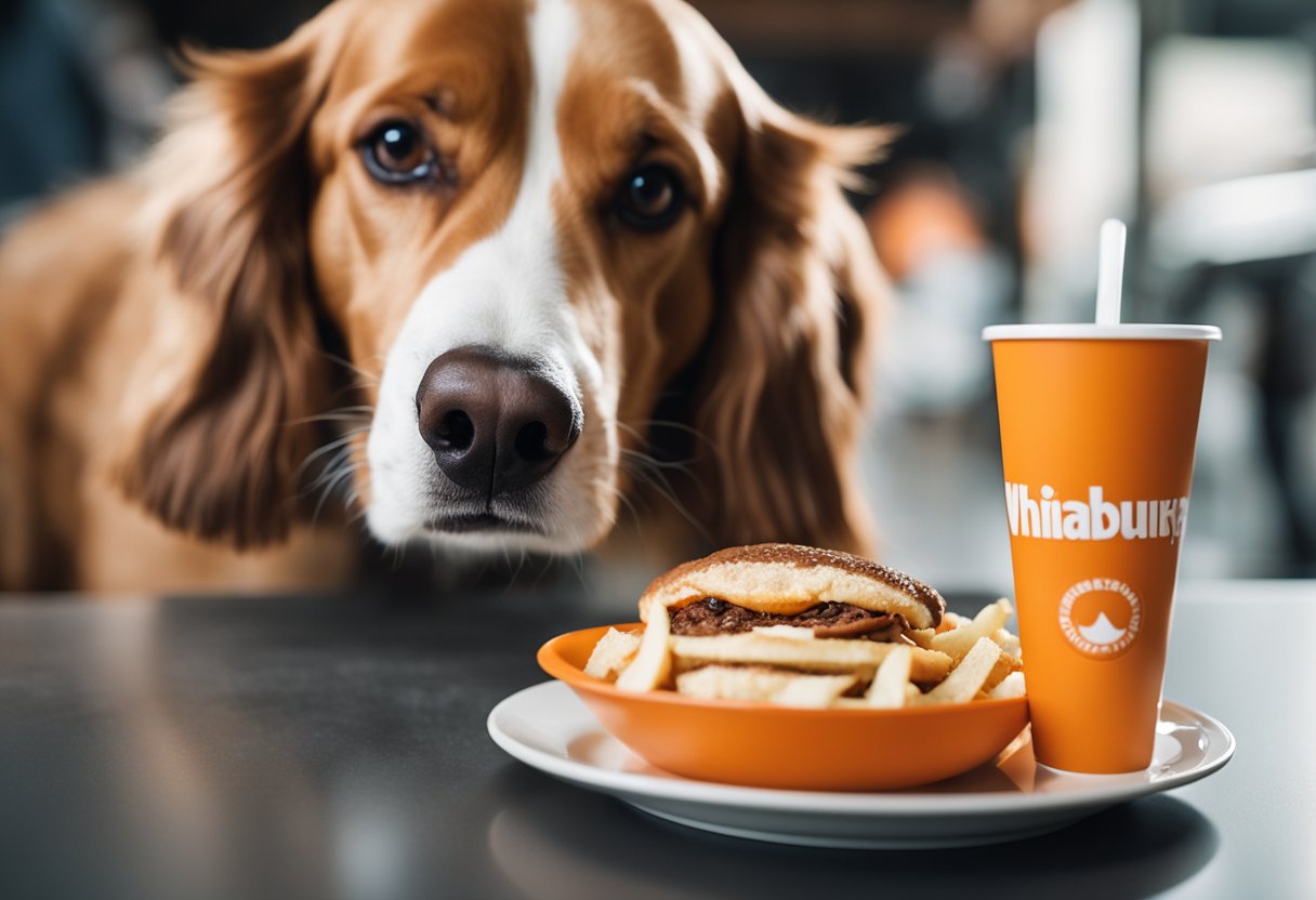 A dog eagerly sniffs a bowl of dog-friendly Whataburger alternative, while a concerned owner watches nearby.