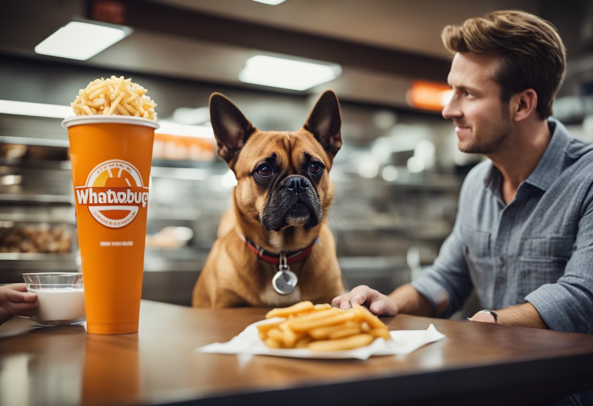 A dog eagerly sniffs a Whataburger, while a concerned owner looks on. The owner holds a list of dog-friendly human foods.