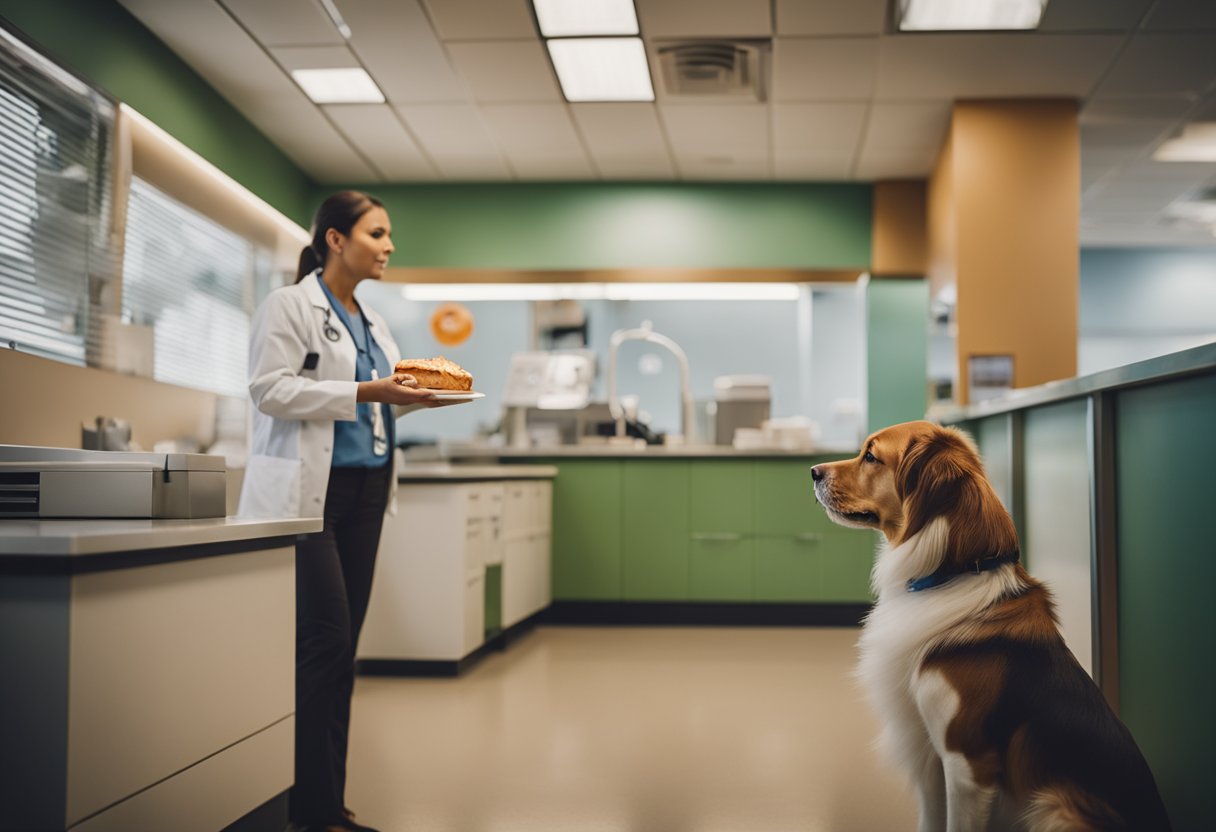 A dog sits attentively in a veterinarian's office, while the vet gestures towards a Whataburger meal, questioning its suitability for canine consumption.