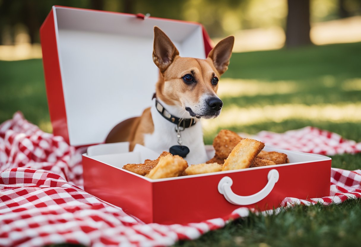 A dog eagerly devours Zaxby's chicken fingers from a red and white striped box on a checkered picnic blanket in a sunny park.