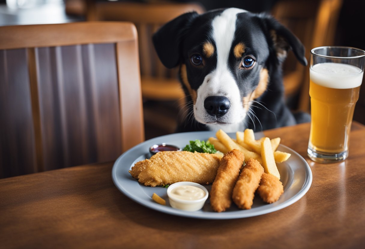 A dog sniffs a Zaxby's menu while a plate of chicken fingers sits nearby.