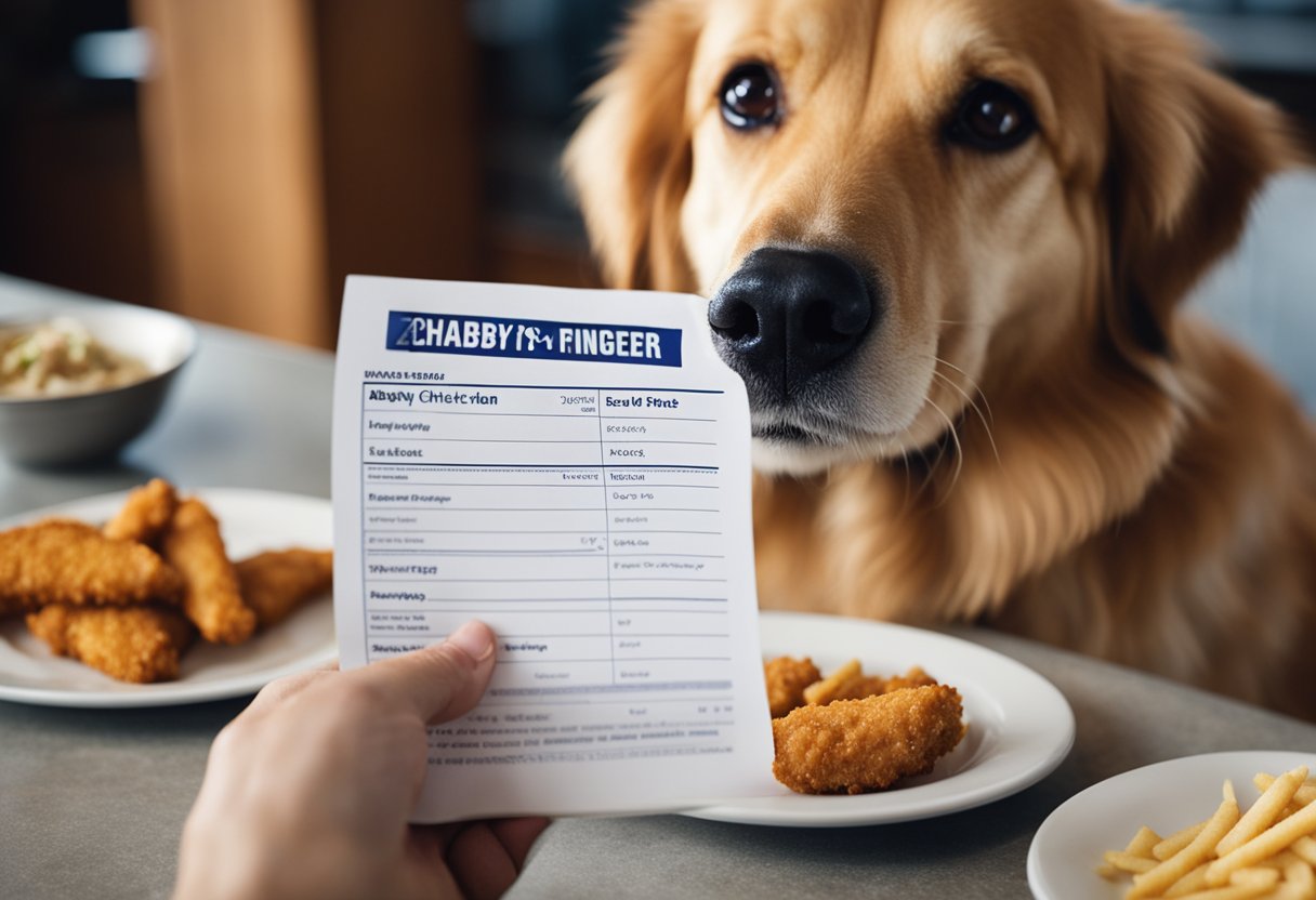 A dog eagerly eyes a plate of Zaxby's chicken fingers, but a concerned owner holds them back, showing a list of canine dietary considerations.