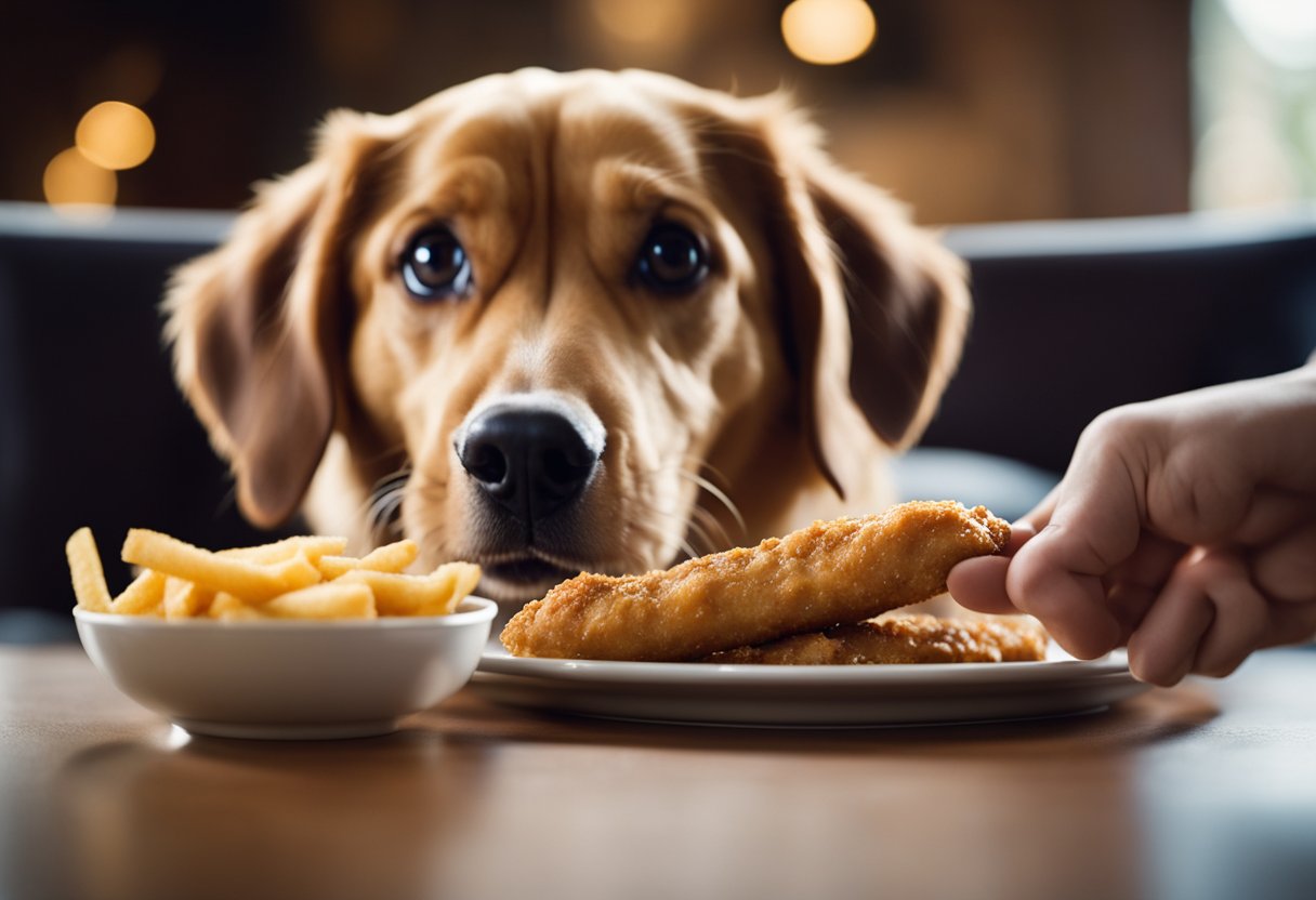 A dog eagerly snatches a Zaxby's chicken finger from a table, while a concerned owner looks on in the background. The dog's tail wags excitedly as it prepares to devour the tempting treat.