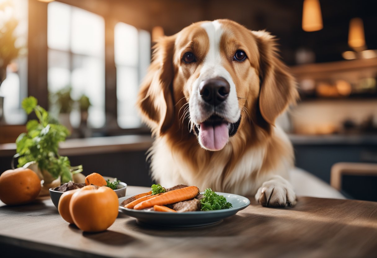 A happy dog eating carrots and apples, with a bowl of grilled chicken and sweet potatoes nearby.