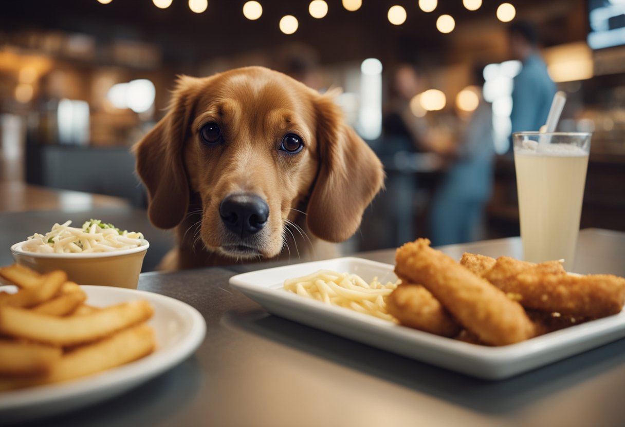 Illustrate a dog turning away from Zaxby's chicken fingers. Show a sad expression and a "no" symbol to depict items to avoid for dogs.