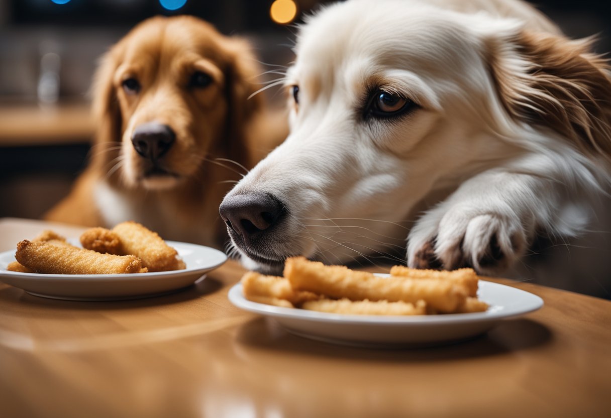 A happy dog eagerly munches on Zaxby's chicken fingers, wagging its tail with delight.