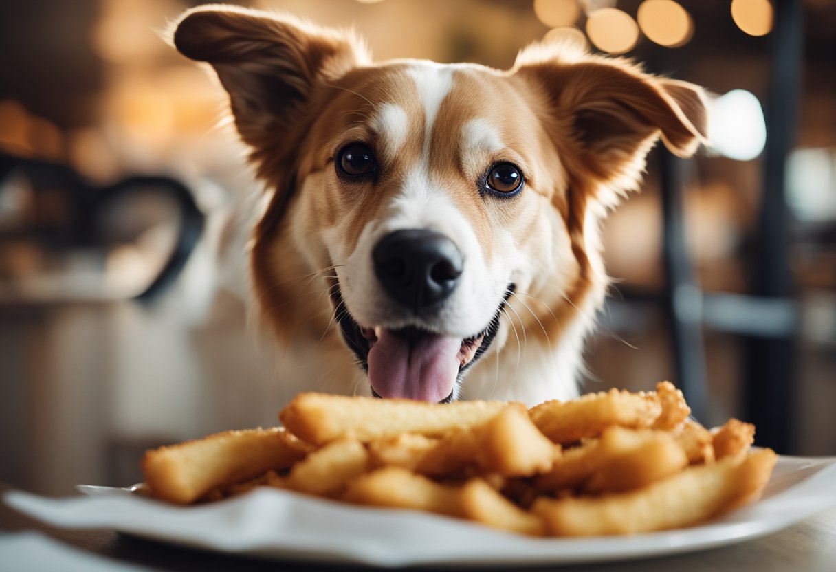 A dog eagerly devours Raising Cane's chicken fingers, wagging its tail in delight