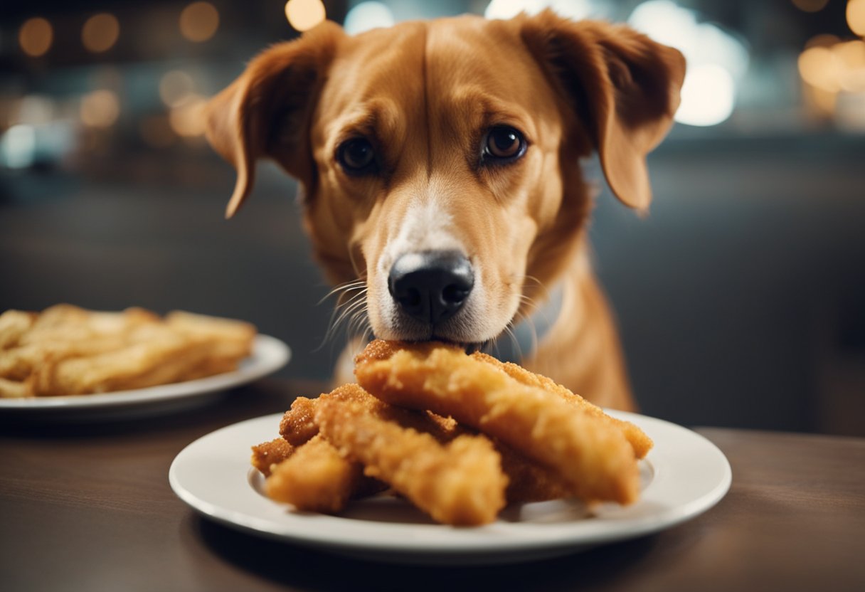 A dog eagerly sniffs a plate of Raising Cane's chicken fingers, wagging its tail in anticipation. The delicious aroma fills the air as the dog's eyes light up with excitement.