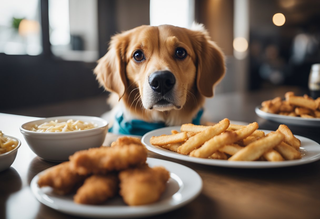 A dog eagerly eyes a plate of Raising Cane's chicken fingers, drooling and wagging its tail in anticipation.