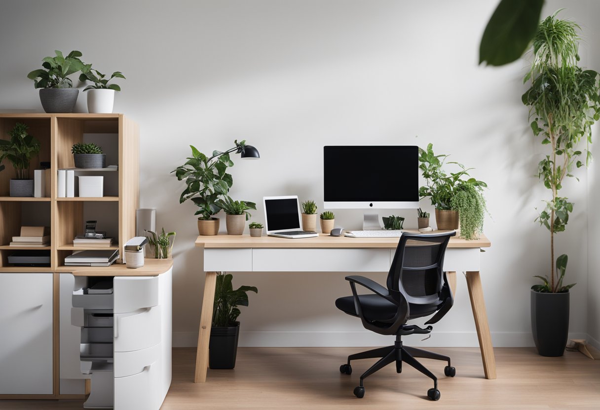 A desk with a computer, ergonomic chair, task lighting, storage, and a plant in a bright, organized open-plan living space