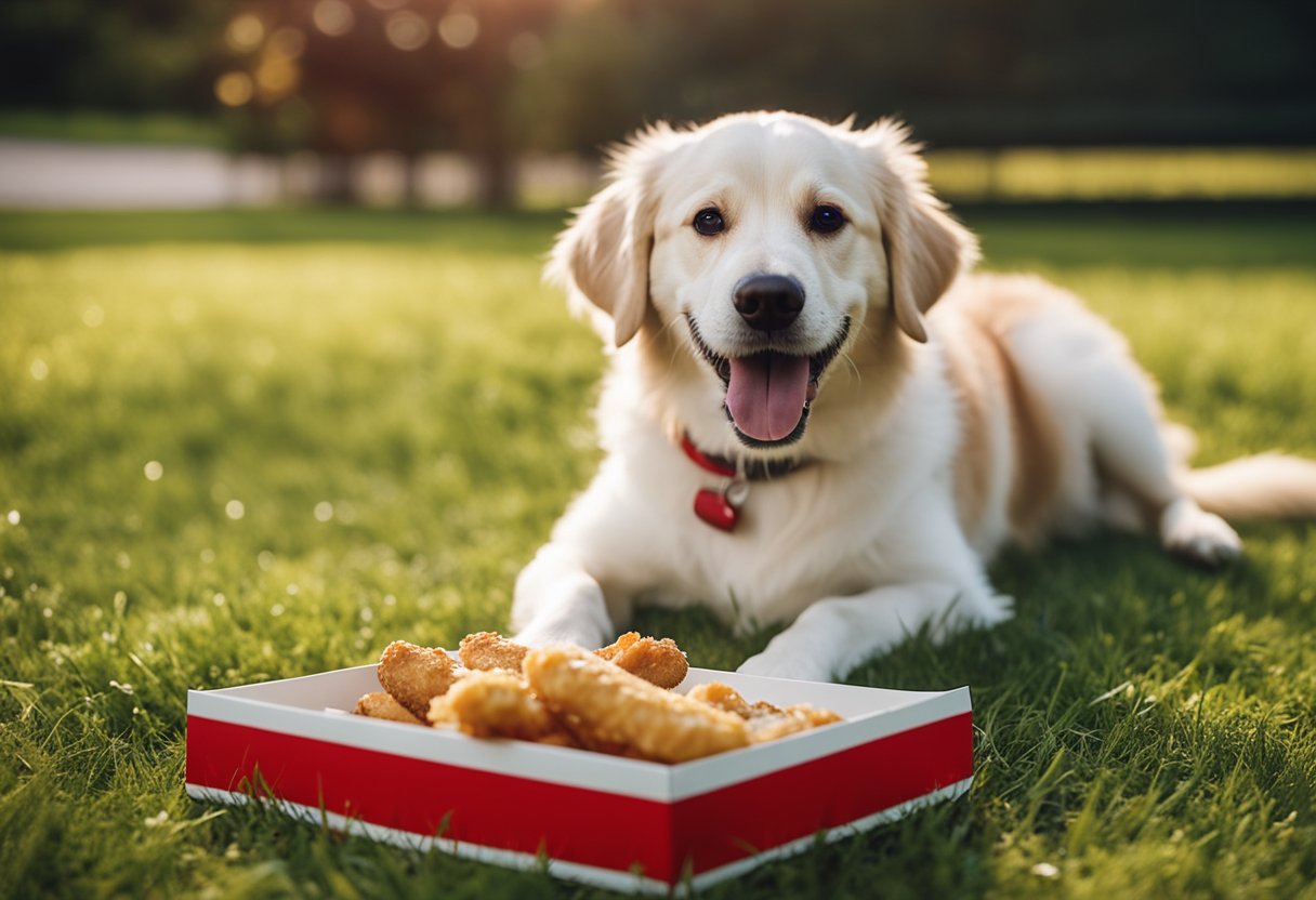 A happy dog eagerly devours Raising Cane's chicken fingers from a red and white box on a grassy backyard.