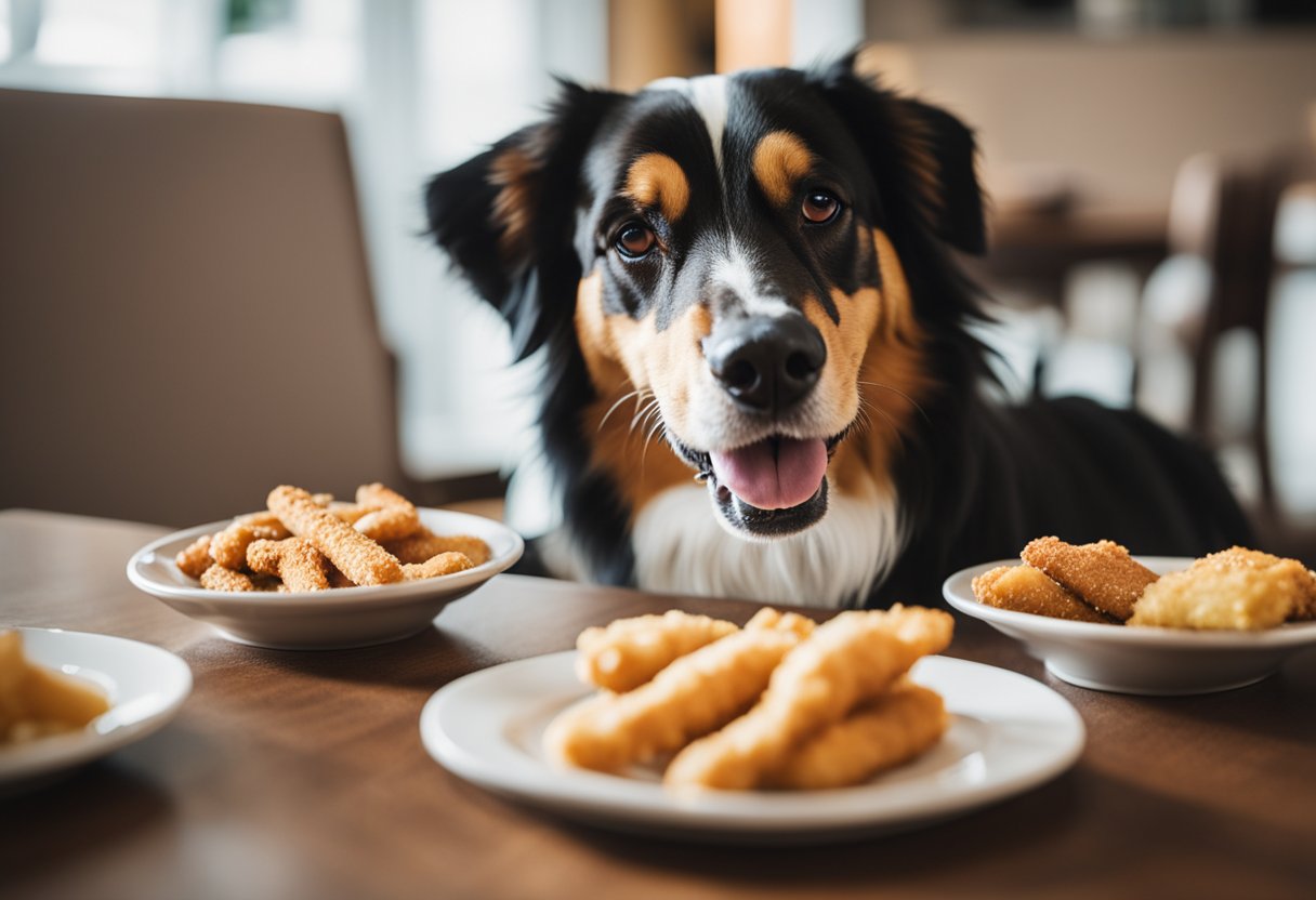 A dog happily chews on a bone-shaped treat while a plate of Raising Cane's chicken fingers sits untouched nearby.