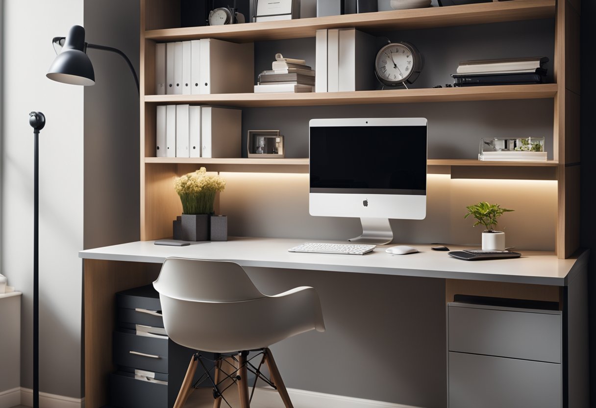 A desk with built-in storage is positioned against a wall, with shelves above for organization. A comfortable chair sits in front of the desk, with a laptop and desk lamp on the surface