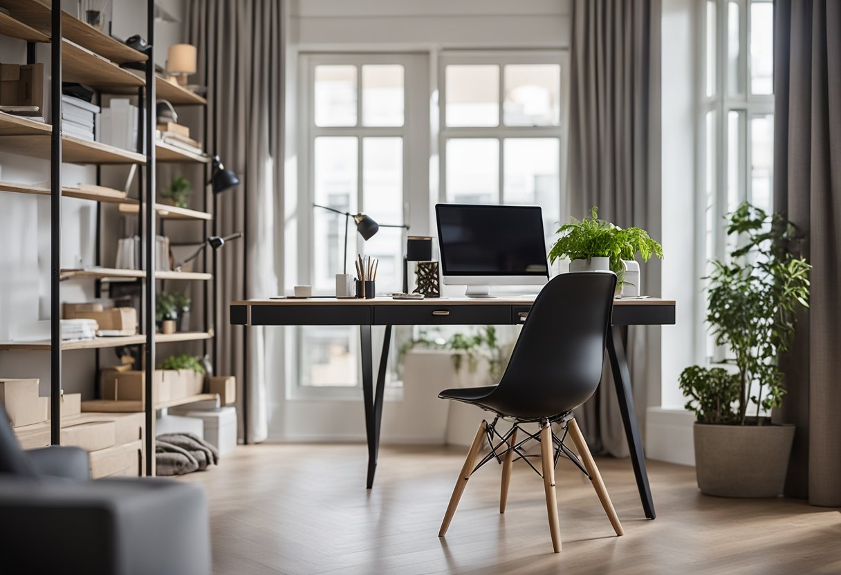 A desk with a privacy screen in the corner of a spacious, open-plan living area. The desk is clutter-free, with a laptop and a few carefully chosen accessories