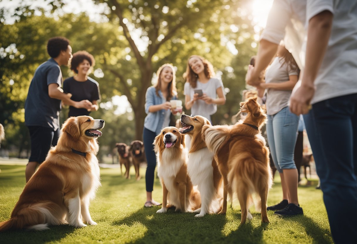 Raising Cane's chicken fingers being shared with a group of happy, tail-wagging dogs in a park setting, surrounded by engaged community members.