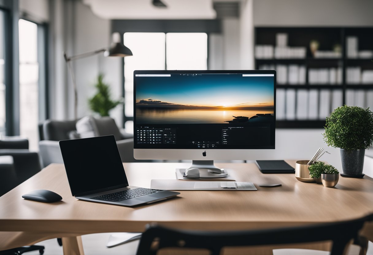 A sleek desk with a laptop, monitor, and wireless keyboard sits against a backdrop of modern furniture and natural light in a spacious open-plan living area