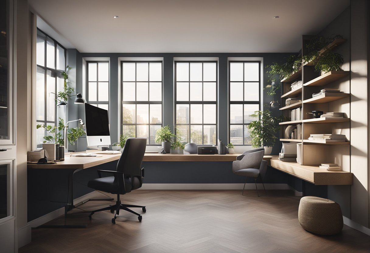 A cozy desk nestled in a corner of a spacious living area, with a sleek computer, organized shelves, and a comfortable chair. Natural light streams in through large windows, illuminating the serene workspace