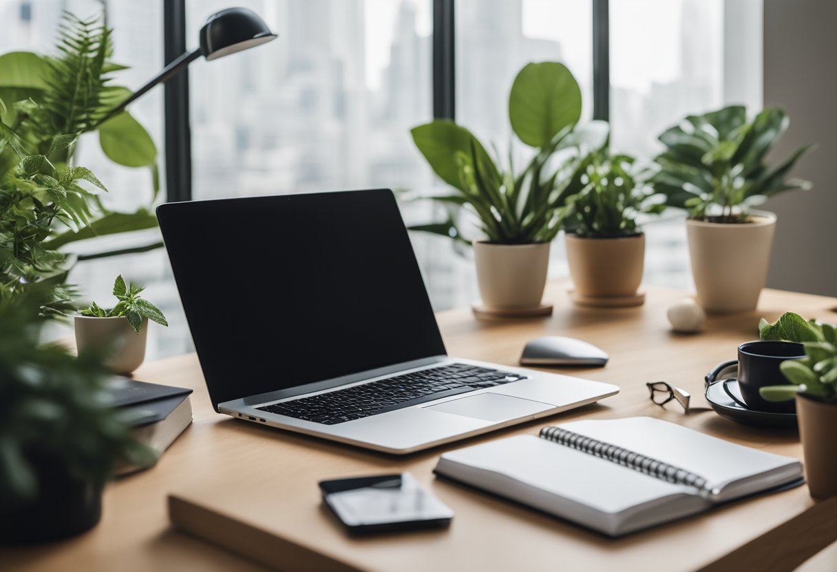 A desk with a laptop, notebook, and pen in a bright, organized living space with natural light and plants, separate from the rest of the room