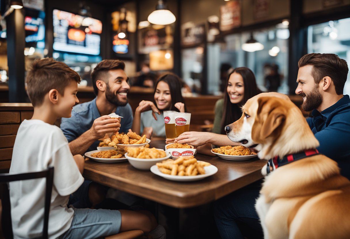 Customers enjoying Raising Cane's chicken fingers, with dogs eagerly watching from under the table, hoping for a taste.