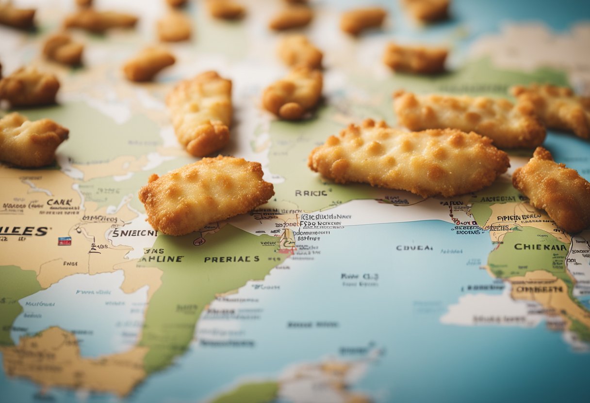 Raising Cane's chicken fingers scattered across a world map, with dog paw prints leading towards them.