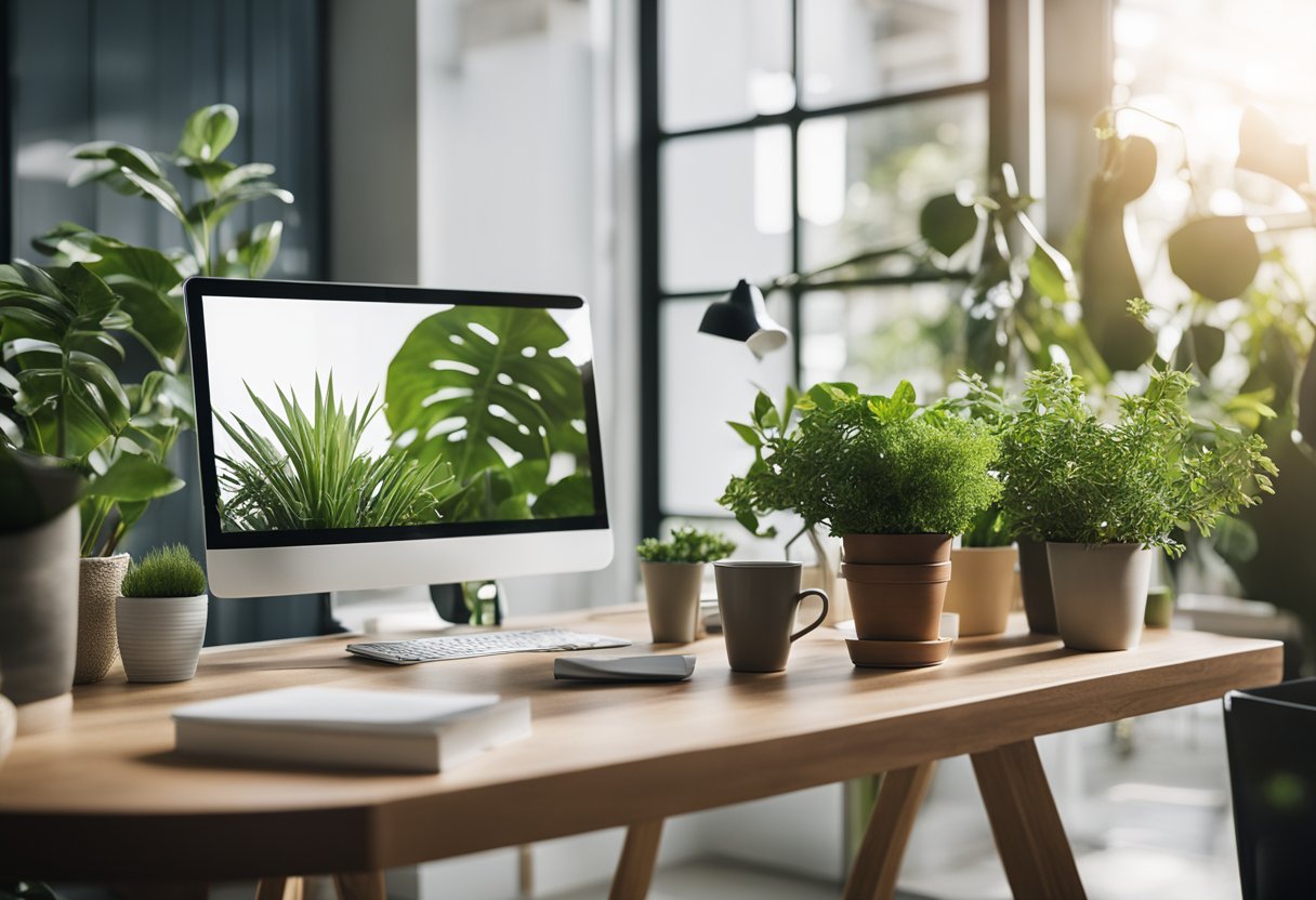 A desk with a laptop, potted plants, and a recycling bin in a bright, open-plan living space with natural light and eco-friendly decor