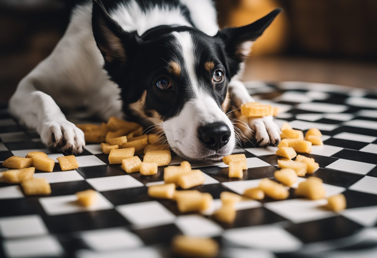 A dog eagerly munches on a pile of Checkers/Rally's fries, wagging its tail with delight.