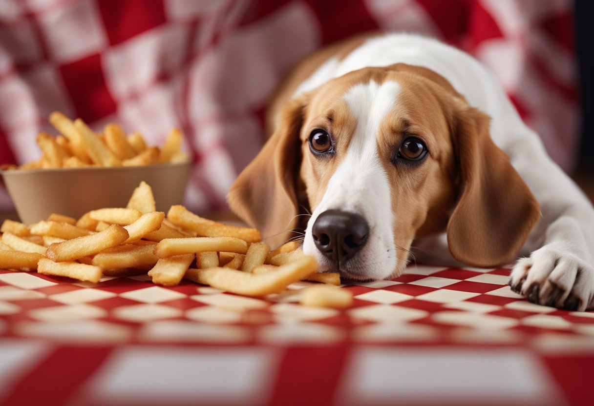 A dog eagerly sniffs a pile of Checkers/Rally's fries, its tail wagging in anticipation. The golden, crispy fries are scattered on a red and white checkered paper wrapper.