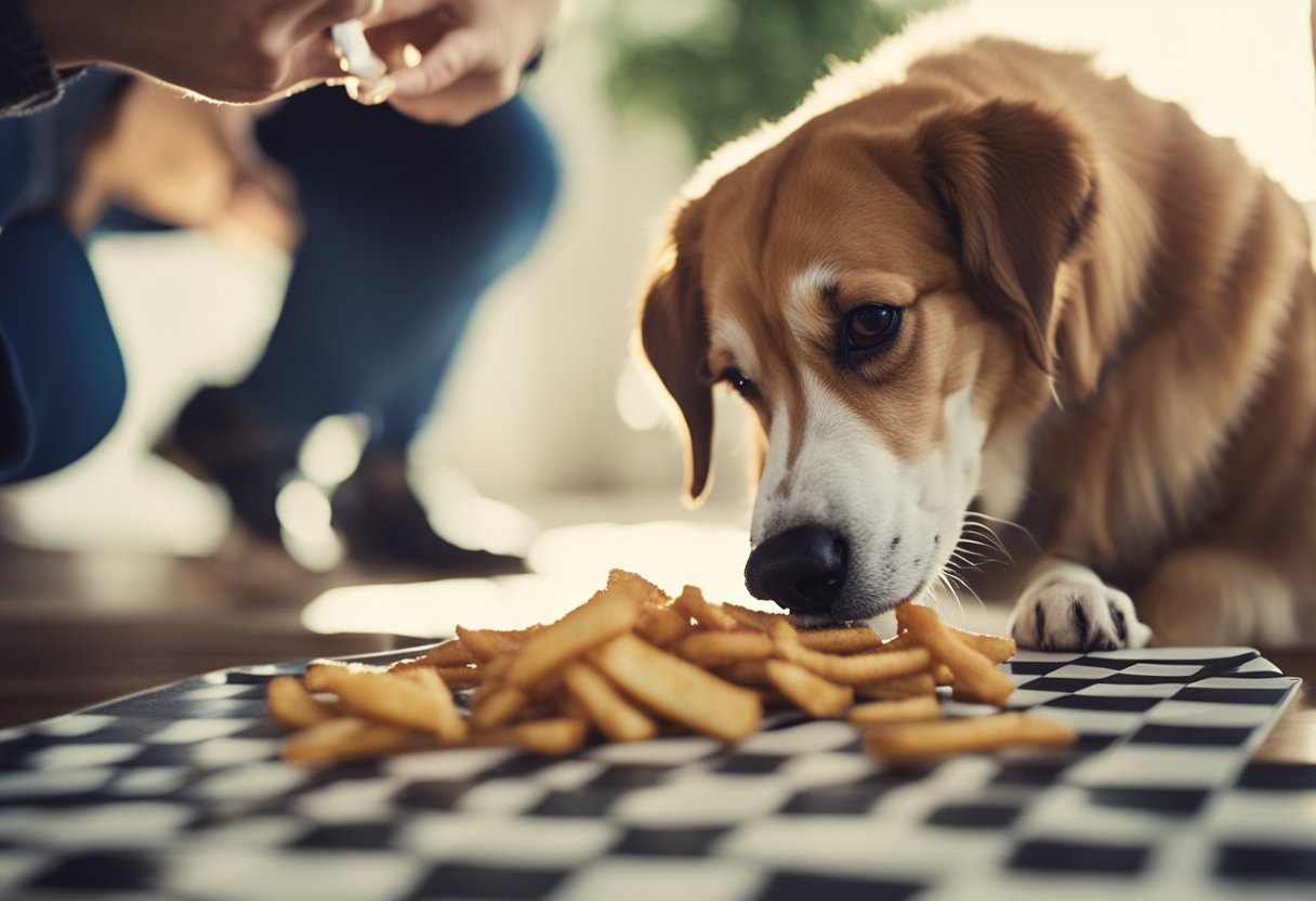 A dog eagerly sniffs a pile of Checkers/Rally's fries, while a concerned owner looks on. The dog's tail wags as it eagerly awaits permission to indulge in the tempting treat.