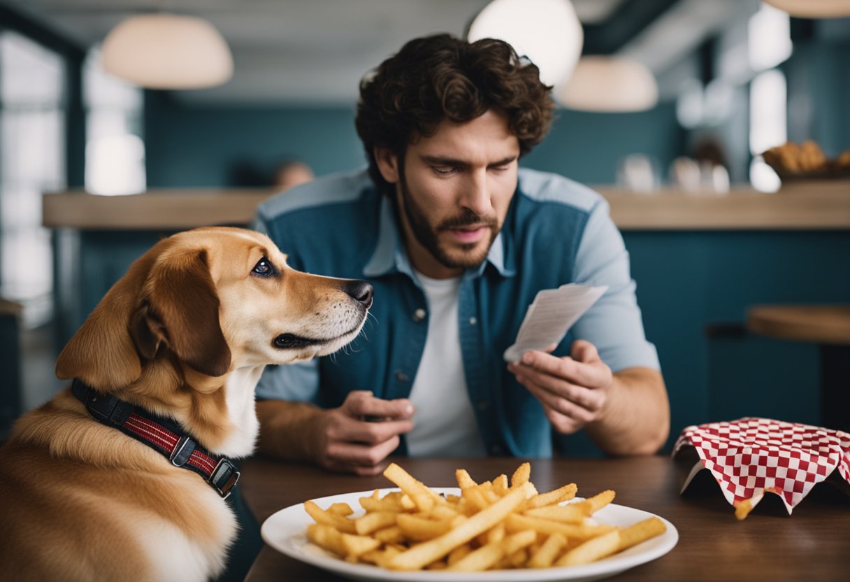 A dog eagerly eats a pile of fries from Checkers/Rally's, while a concerned owner looks on. The dog's health implications are evident in the worried expression on the owner's face.