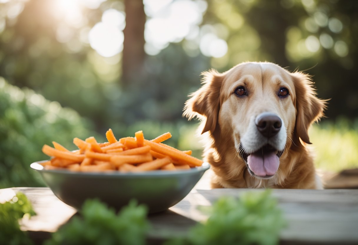 A dog happily munches on a pile of sweet potato fries, while a bowl of carrots and green beans sits nearby.