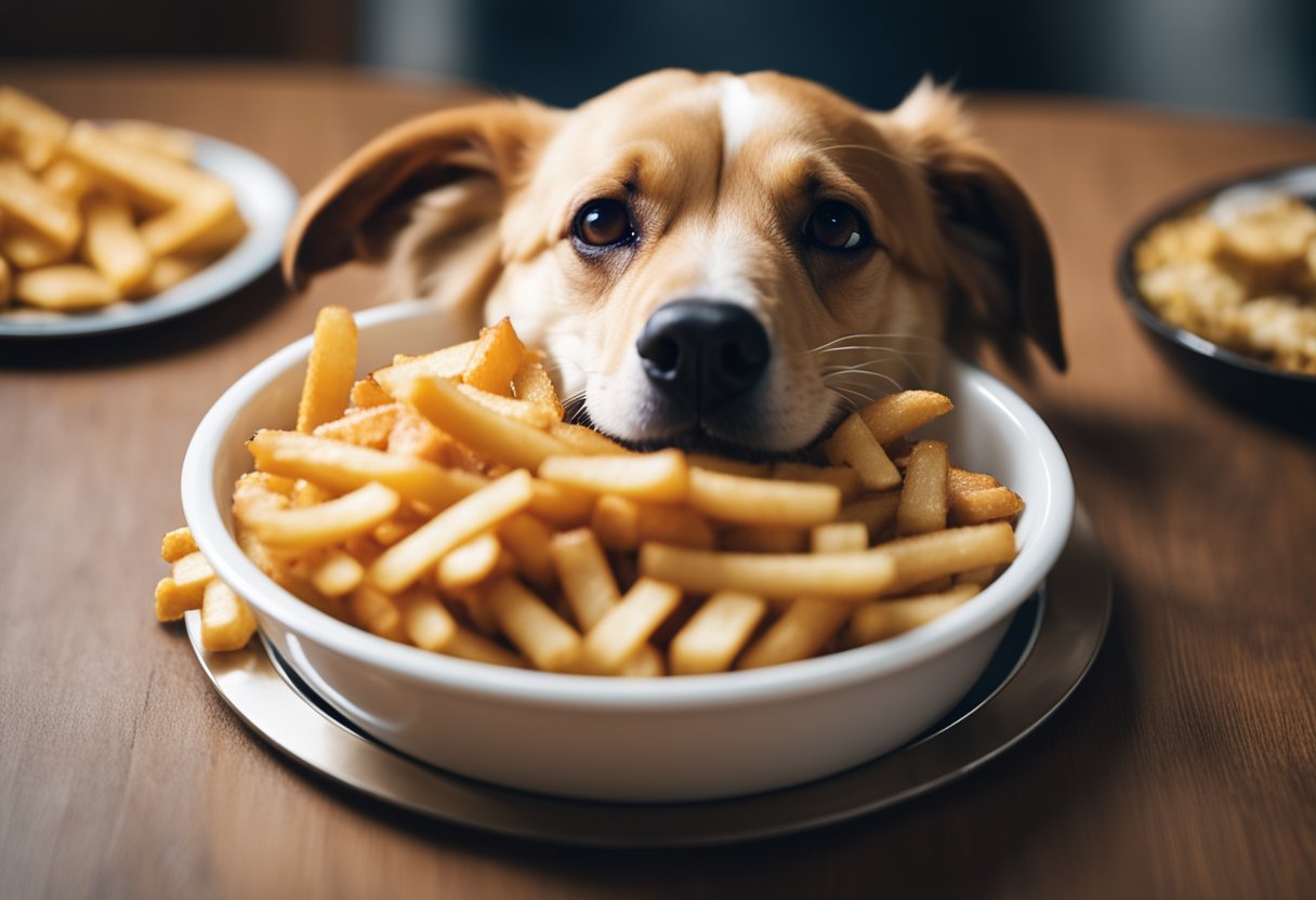 A dog happily munches on a bowl of nutritious dog food, while a pile of Checkers/Rally's fries sits untouched nearby.