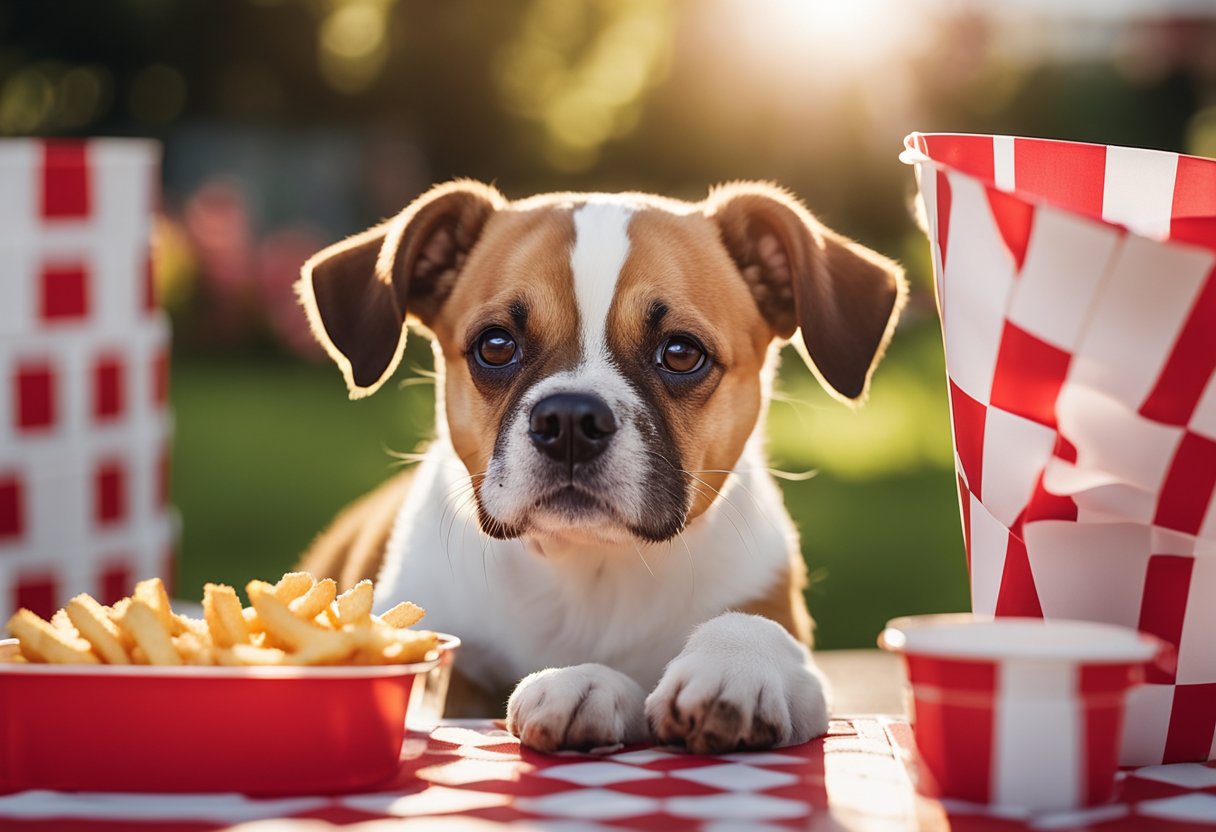 A dog eagerly eats Checkers/Rally's fries from a red and white checkered paper container on a sunny outdoor patio