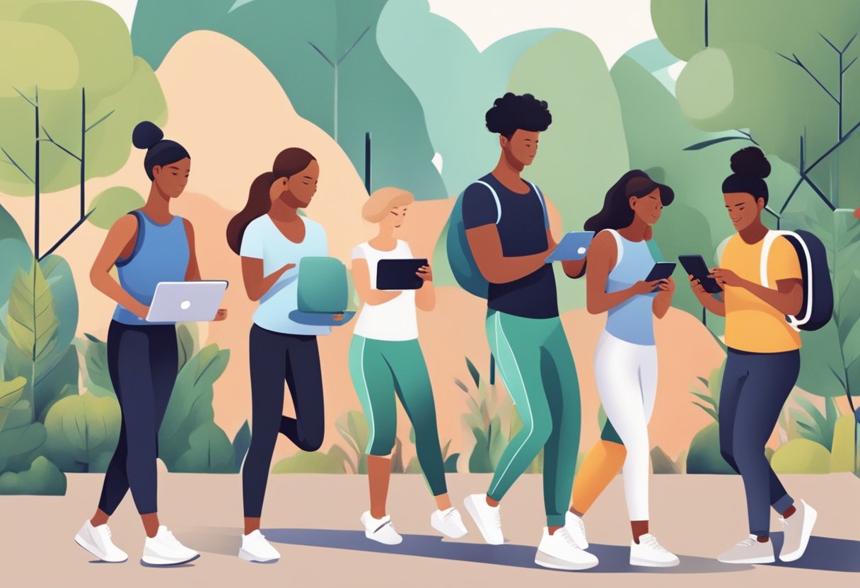 A group of young people use electronic devices while engaging in physical activities outdoors, symbolizing the balance between technology and health