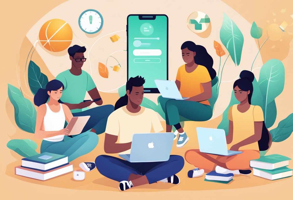 A group of young people using electronic devices while surrounded by health and wellness resources