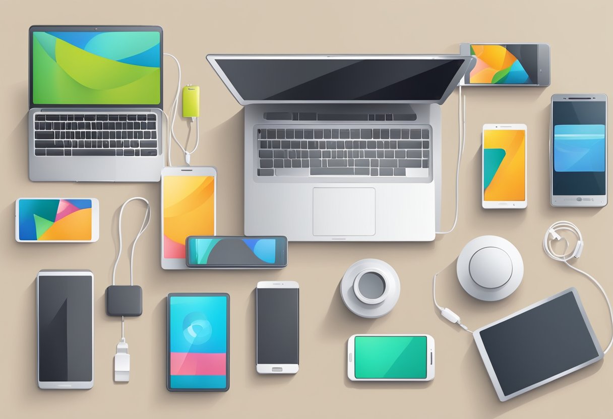 A group of electronic devices, including smartphones, tablets, and laptops, are arranged on a table. A healthy lifestyle symbol, such as a balanced meal or exercise equipment, is placed next to the devices