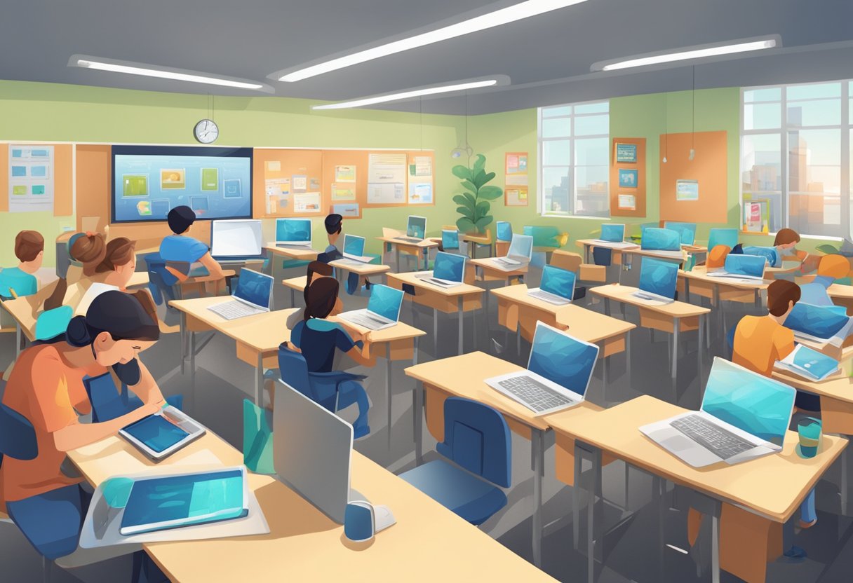 A classroom setting with students using electronic devices for learning, with a balance of technology and health elements present