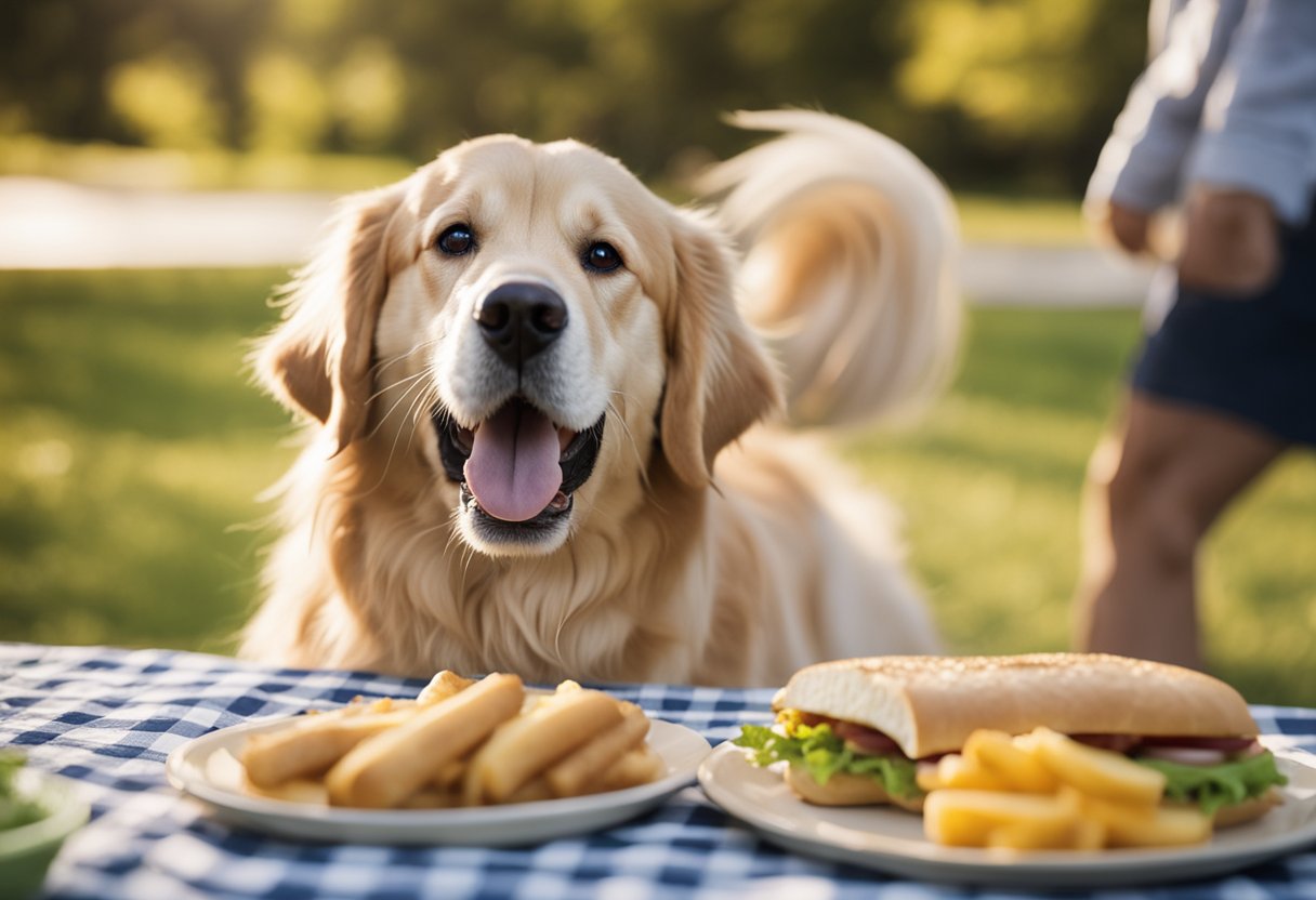 A golden retriever eagerly snatches a Wawa hoagie from a picnic table, its tail wagging with excitement. The sandwich is piled high with deli meats and fresh veggies, tempting the hungry pup