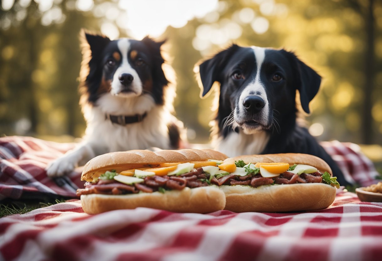 A Wawa hoagie sits on a checkered picnic blanket, surrounded by curious dogs