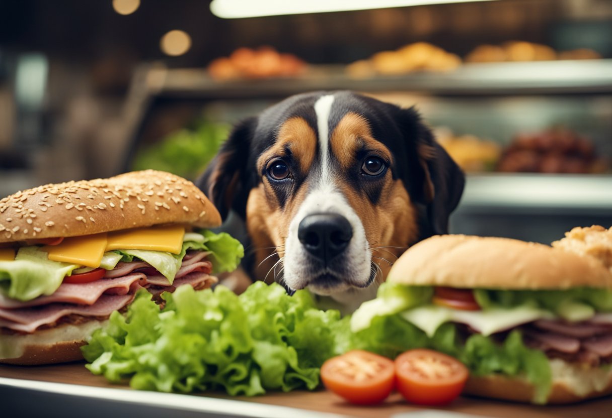 Fresh deli meats, lettuce, tomatoes, and cheese arranged on a hoagie roll. A curious dog sniffs at the sandwich, but is unable to take a bite