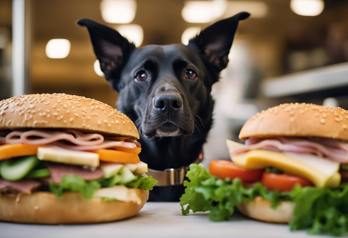 A dog eagerly eyes a Wawa hoagie on a table, its nose twitching with anticipation. The sandwich is piled high with deli meats and fresh vegetables, tempting the hungry pup