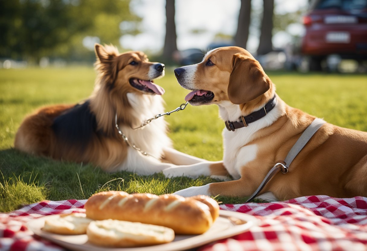 A dog eagerly sniffs a Wawa hoagie on a picnic blanket, while its owner holds a leash and smiles in the background