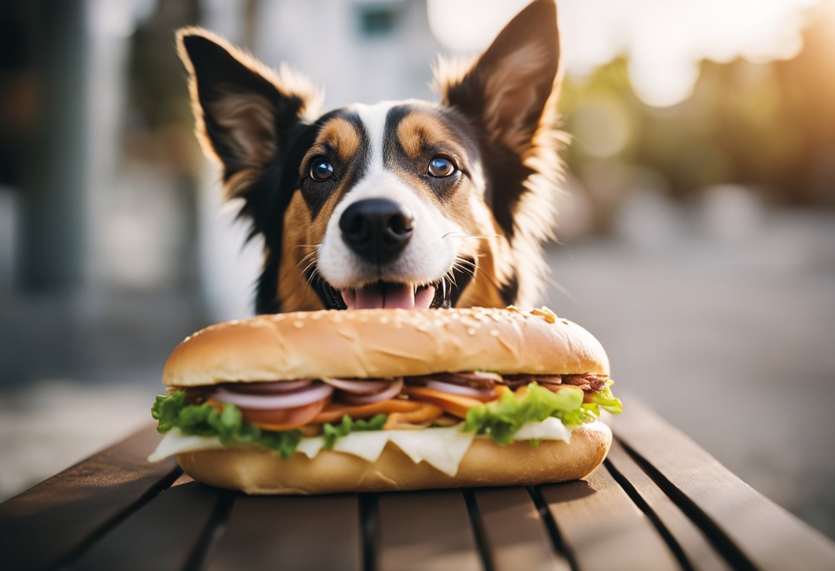 A happy dog eagerly chews on a wawa hoagie, with a curious expression and tail wagging in excitement