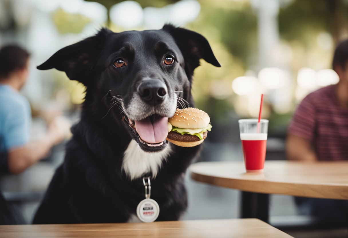 A happy dog eagerly eats a Smashburger burger, with a wagging tail and a big smile on its face.