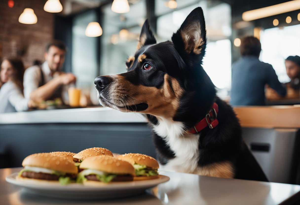 A dog eagerly eyes a Smashburger burger, but a concerned owner holds it back, offering a healthy alternative instead.