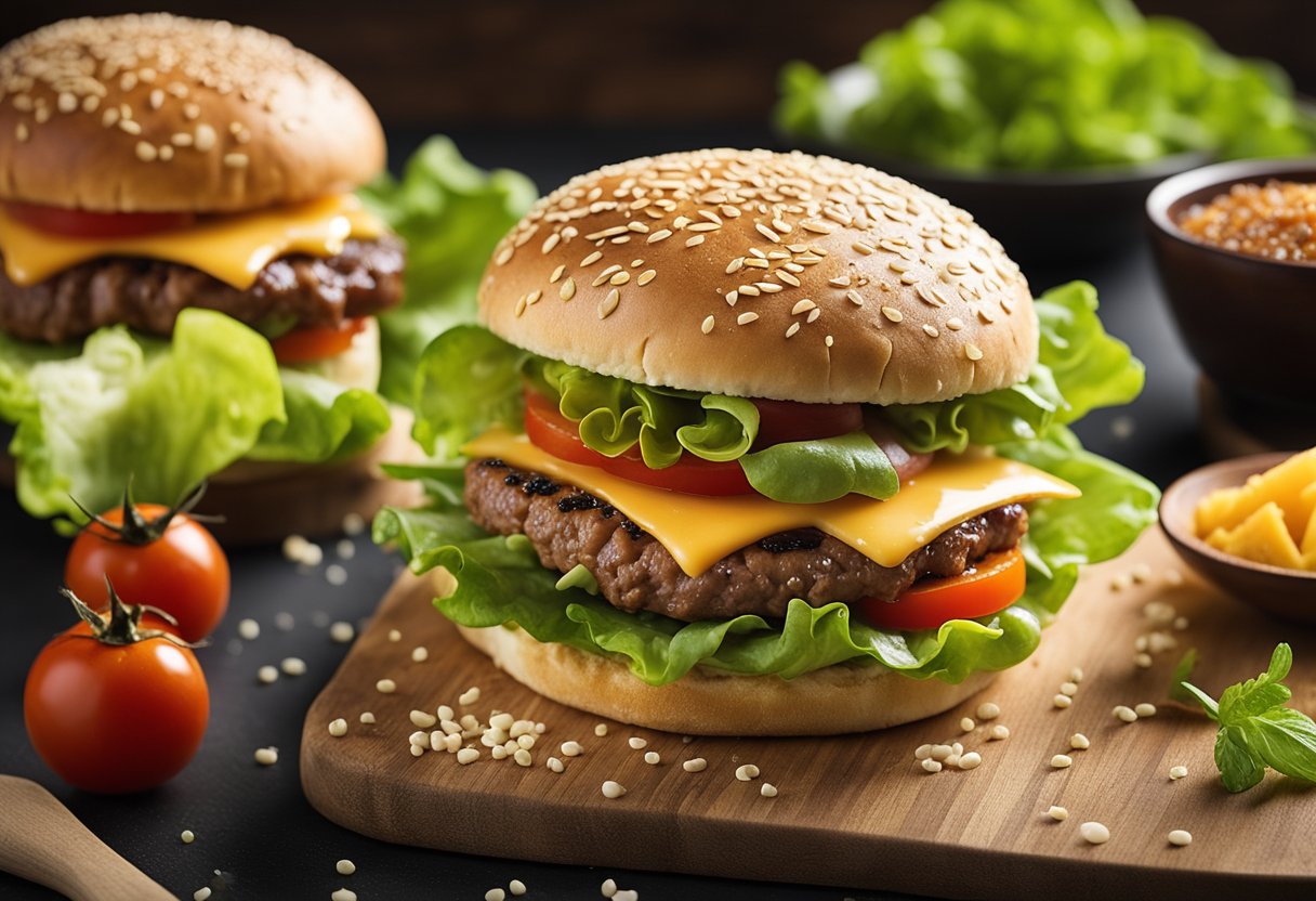 Fresh ingredients laid out on a clean surface, including a juicy beef patty, crisp lettuce, ripe tomato, and melted cheese on a sesame seed bun.